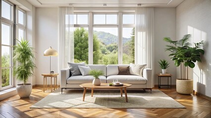 Bright Minimalist Living Room: White Sofa, Natural Light, Modern Design