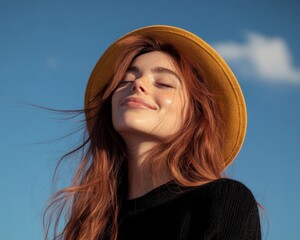 Fototapeta premium A girl with long red hair, wearing a yellow hat, smiling against a blue sky and distant clouds.