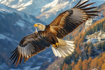 Obraz premium Majestic Bald Eagle Soaring Over Mountainous Landscape