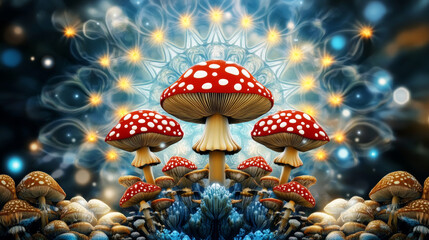 Vibrant red mushrooms with white spots surreal fractal pattern, surrounded by glowing lights and kaleidoscopic effects, creating mystical.