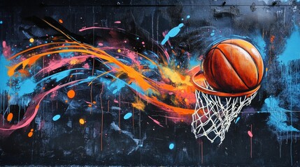 Street art artistic image of basketball graffiti, sport elements, black background