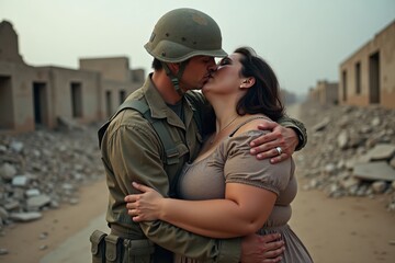 Fototapeta premium Exhausted, dirty soldier embraces a plus-size woman in a simple dress, kissing with relief. Ruined buildings behind