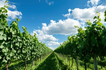 Sunny day at vineyard with a bright sky. Rows of grapevines leading to horizon