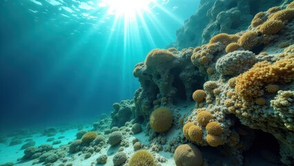 Obraz premium Underwater coral reef with diverse marine life and sunlight rays filtering through water 