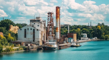 Fototapeta premium Industrial buildings line the waterfront on a bright sunny day