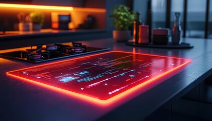 AI-driven smart home kitchen, glowing holographic recipe display, sleek minimalist design, vibrant lighting, futuristic, photorealistic