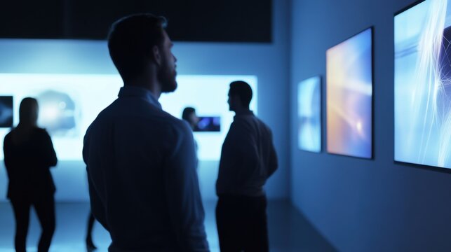Inaugural ceremony at a new digital art exhibition with guests viewing the displays. Featuring creativity and technology