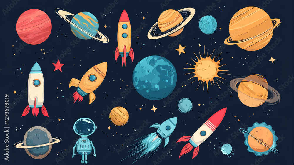 Aufkleber astronomy space rocket cartoon set vector astronomical objects of planets in solar system spaceship 