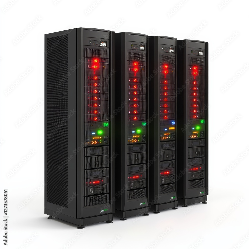 Leinwandbilder Data Center Infrastructure: A Row of Black Server Racks with Indicator Lights on a Clean White Background