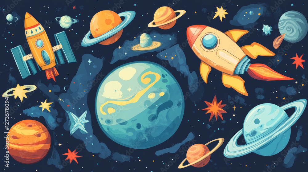 Poster astronomy space rocket cartoon set vector astronomical objects of planets in solar system spaceship 