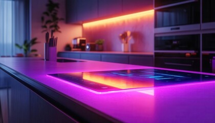 AI-driven smart home kitchen, glowing holographic recipe display, sleek minimalist design, vibrant lighting, futuristic, photorealistic