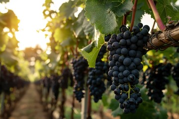Naklejka premium Ripe grapes hanging in vineyard at golden hour, agricultural background, for wine use