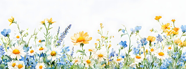 A detailed watercolor painting of white, blue, and yellow wildflowers on an isolated background with daisies
