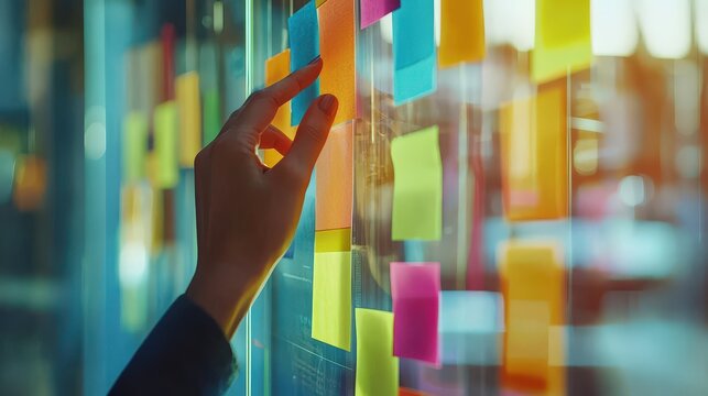 Hand on sticky notes on glass board, symbolizing planning and brainstorming. Useful for project management, collaboration, and creative problem-solving themes.