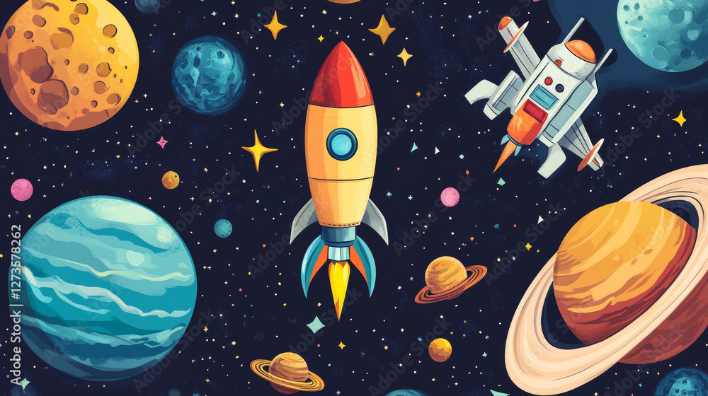 Poster astronomy space rocket cartoon set vector astronomical objects of planets in solar system spaceship 