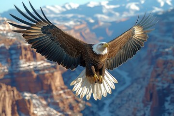 Majestic Bald Eagle Soaring Above Canyon Landscape