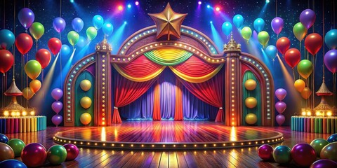 Vibrant colorful circus stage with festive lighting and balloons , festival, celebration,  festival, celebration, stage