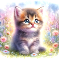 Fototapeta premium Watercolor painting of baby kitten, cartoon illustration