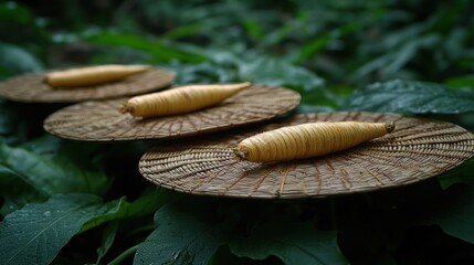 Three light-yellow foods on patterned, woven plates in a jungle setting