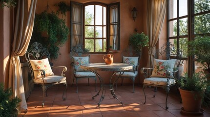 Fototapeta premium Sunlit Patio with Ornate Chairs and Table