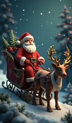 A whimsical scene of Santa Claus riding his reindeer-drawn sleigh through a snowy forest, perfect for holiday-themed promotions and festive design projects.