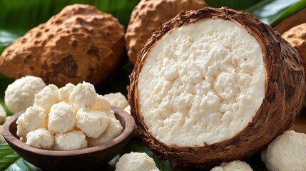 Tropical Cassava Root, sliced and processed, on leaves
