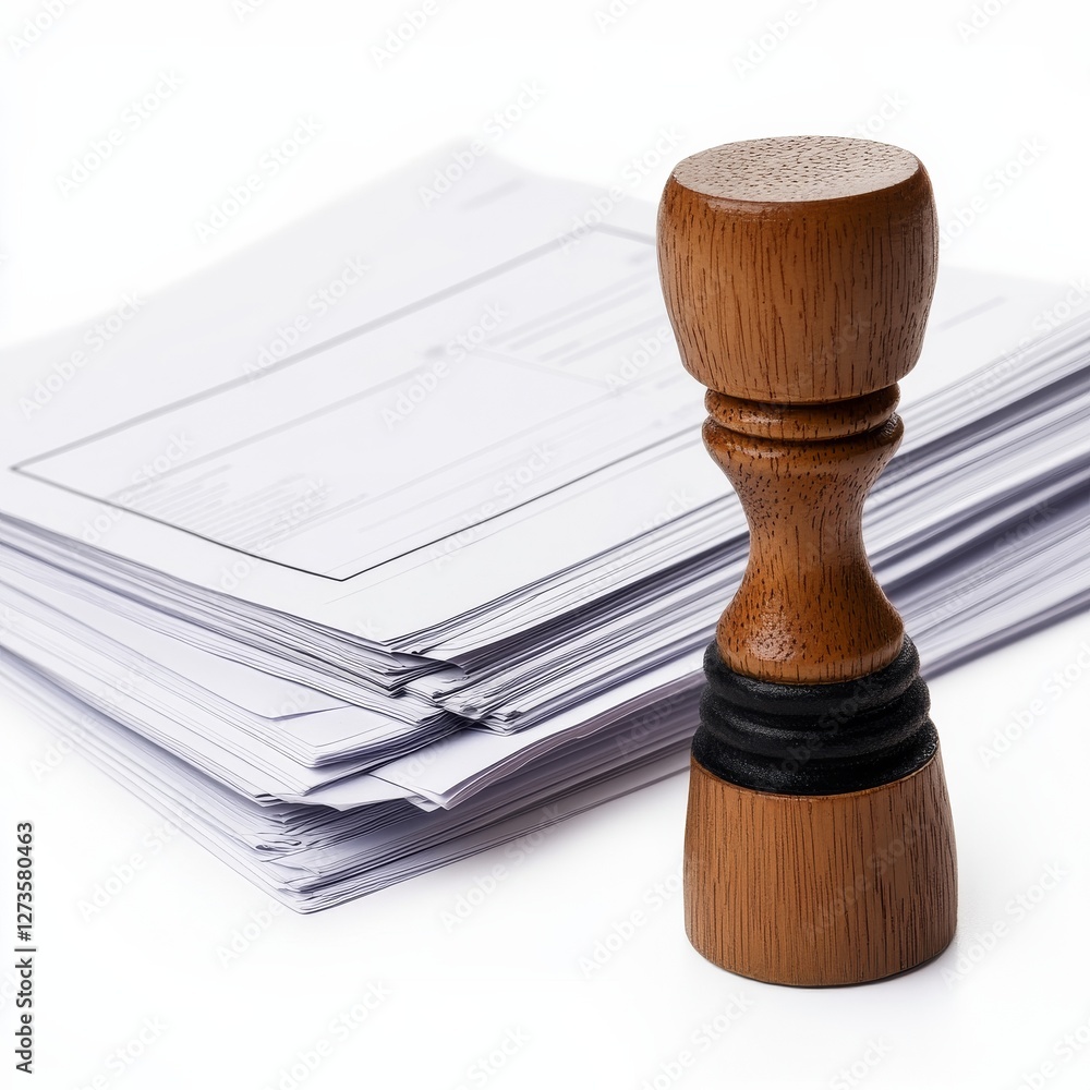 Poster wooden stamp and stack of paper, isolated on white for office tasks and documentation