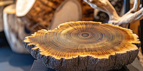 Close-up of tree rings displays intricate natural patterns and the history of the tree’s growth, showcased at a local craft event
