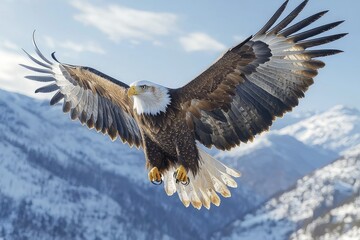 Obraz premium Majestic Bald Eagle Soaring Over Snowy Mountains