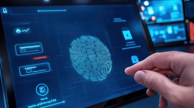Digital fingerprint authentication system technology lab infographic interface secure environment close-up view cybersecurity concept