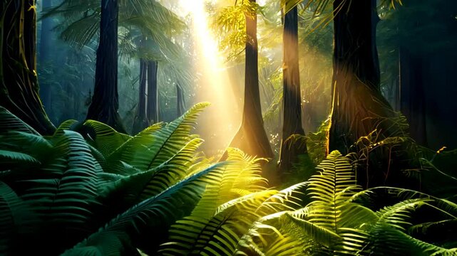 Sunlit redwood forest with ferns and morning sun rays shining through the trees