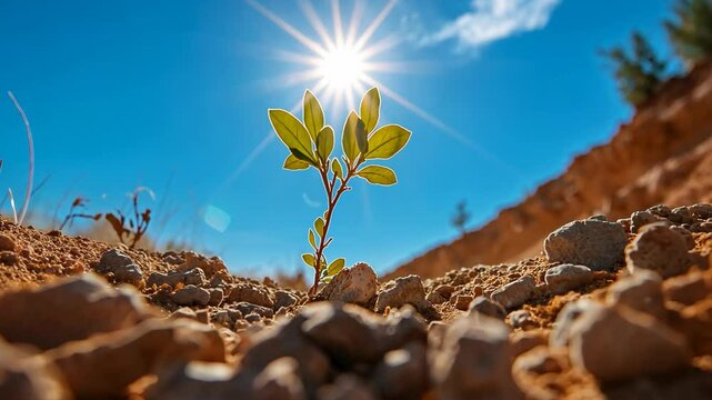 small olive tree sprout growing on dry ground with bright sunlight sunburst on blue clear sky 