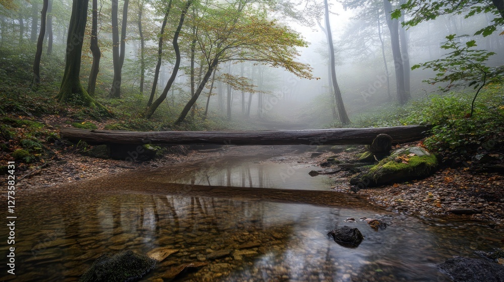Aufkleber misty forest scene featuring a stream crossed by a log