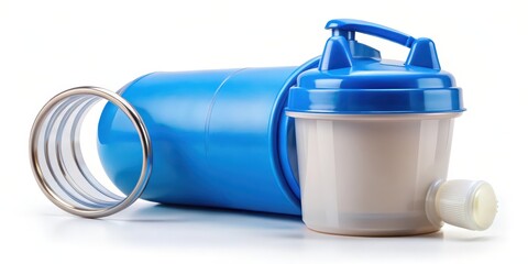 Blue Plastic Shaker Bottle with Accessories on White Background