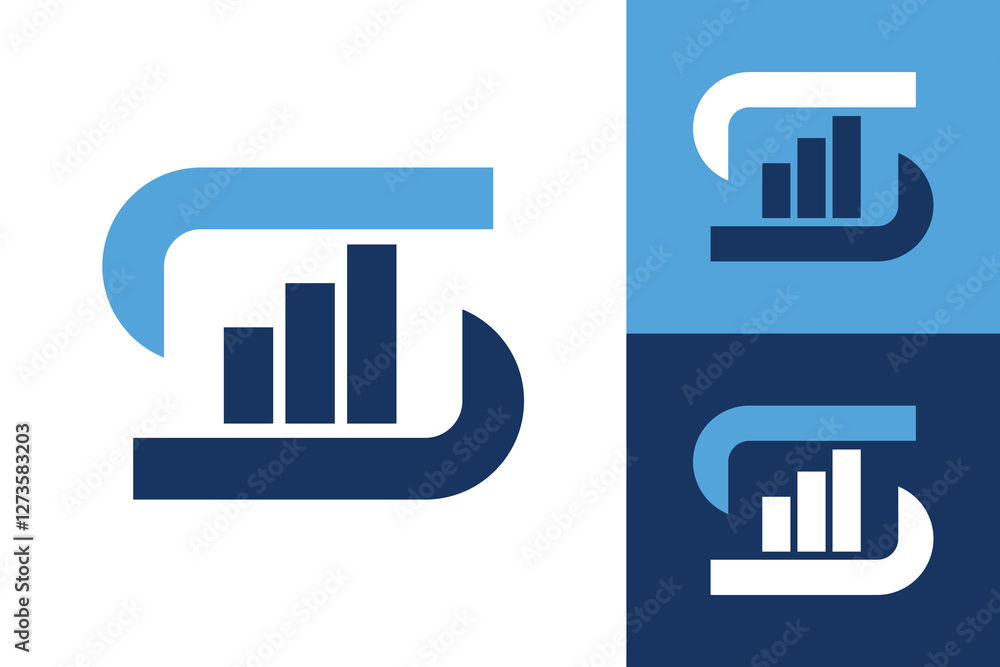 Poster the image shows a flat logo design of an initial letter s in blue color with a graph bar that looks 