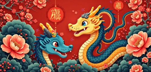Vibrant illustration of two dragons amidst blooming flowers, symbolizing prosperity and good fortune, ideal for celebrations or cultural events.