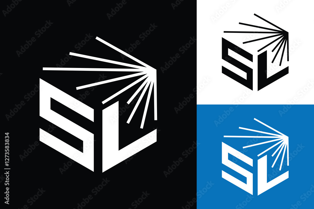 Poster the image shows a flat logo design of an initial sl with a spotlight in hexagonal shape that looks c