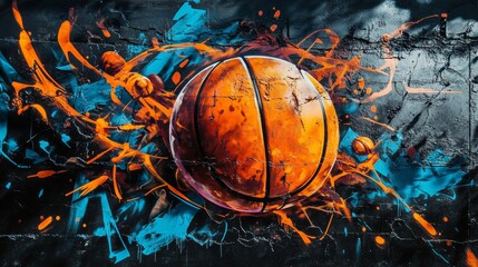 Street art artistic image of basketball graffiti, sport elements, black background