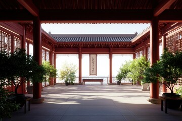 Fototapeta premium Tranquil Chinese courtyard with red columns, bonsai trees, for zen background
