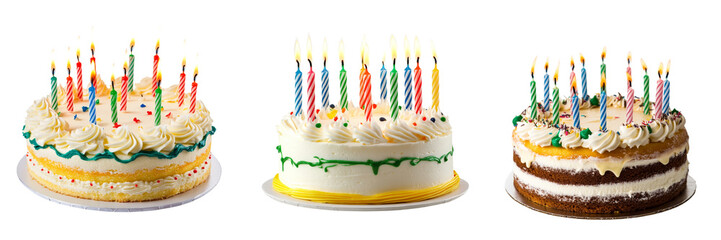 Set of A cake with candles on top, Happy Birthday cake, Birthday cake isolated on a transparent background