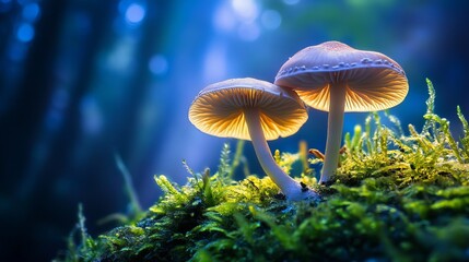 Glowing Mushrooms On Moss Against A Blurred, Dreamy Background. Magic And Serene.