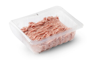 Minced meat in plastic packaging isolated on transparent background