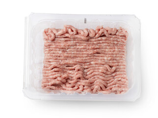 Minced meat in plastic packaging isolated on transparent background