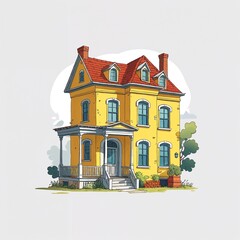 Naklejka premium Yellow old house cartoon illustration on plain white background