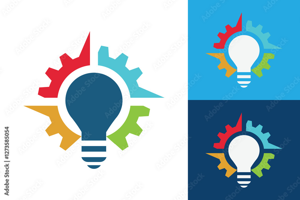 Aufkleber the image shows a logo design of a light bulb inside a four segmented cog that looks clean and fresh