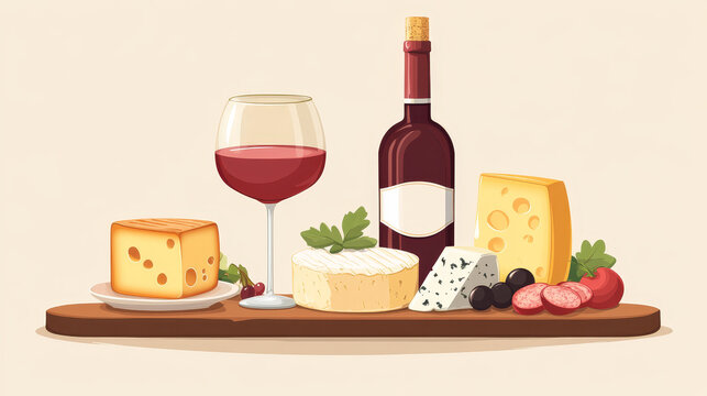 wine, cheese, and snacks on wooden board clip art preview