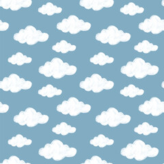 hand drawn textured cloudscape seamless pattern white on blue background