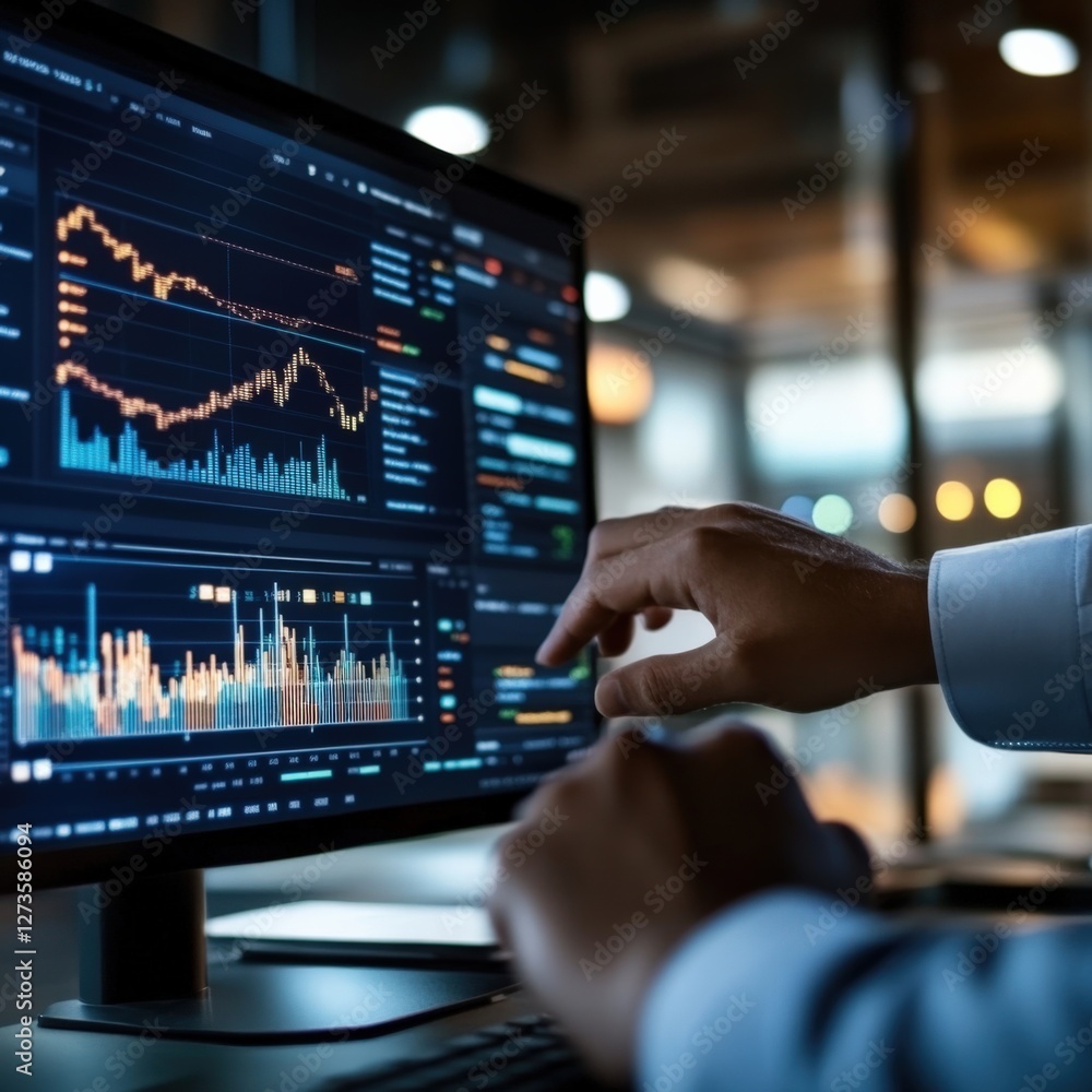 Poster analyzing financial data trends office workspace digital interface modern environment close-up viewp