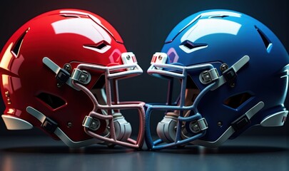 Two contrasting football helmets, one red and one blue, symbolize competition and team spirit, perfect for sports branding and promotional materials.