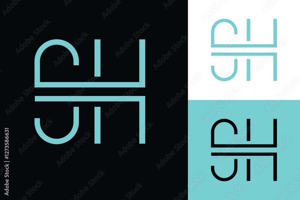 Poster the image shows a flat monogram logo design of an initial letter sh in aqua color that looks clean a